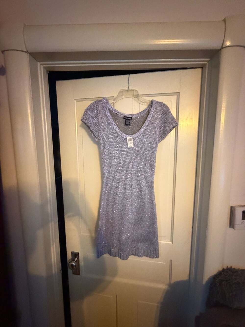 Wet Seal Short Sleeve Sweater Dress Size M Grey Sequin Knit